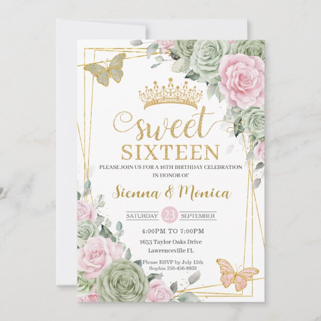 Sage Grönt Rosa Blommigt Butterflies Sweet 16 Twil Inbjudningar (Framsida)