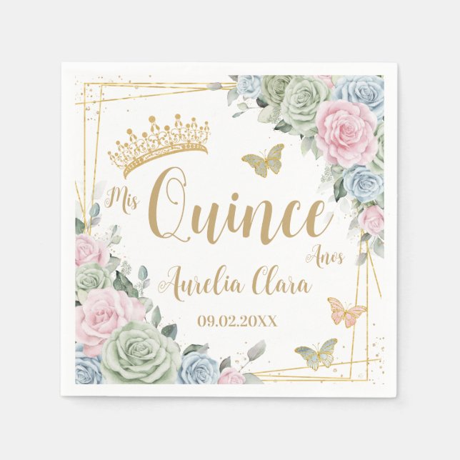 Sage Grönt  Rosa Blommigt Butterfly Quinceanera Pappersservett (Framsidan)