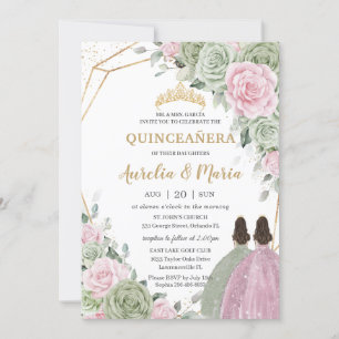 Sage Grönt Rosa Blommigt Guld Quinceañera-Twilling Inbjudningar