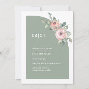 Sage Grönt Rosa Blommigt Monogram halv Arch Bröllo Spara Datumet