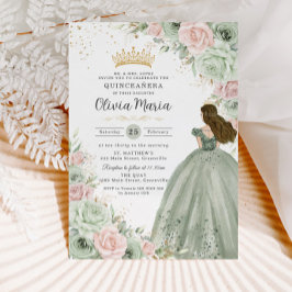 Sage Grönt Rosa Blommigt Princess Quinceañera Inbjudningar