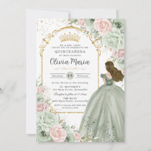 Sage Grönt Rosa Blommigt Princess Quinceañera Inbjudningar