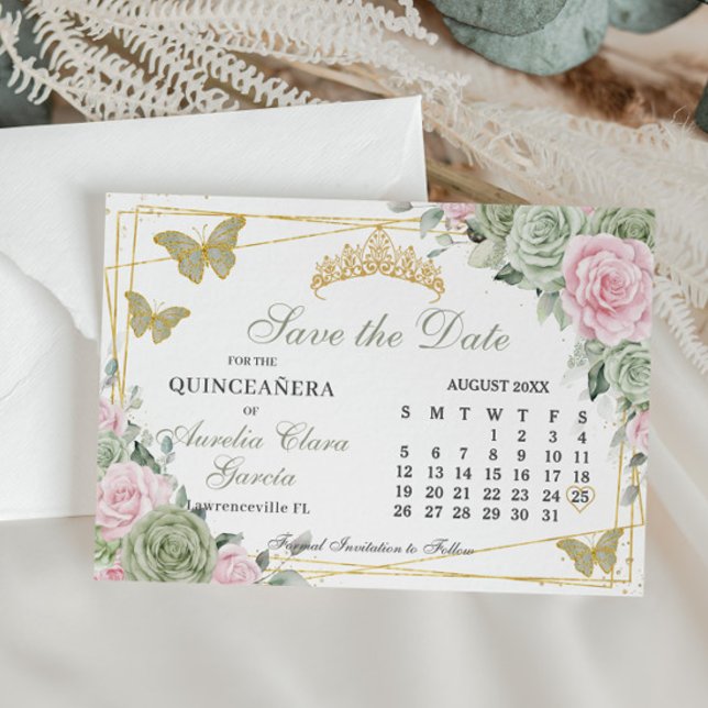 Sage Grönt Rosa Blommigt Quinceanera 16:e kalender Spara Datumet (sage green pink roses floral gold butterflies quinceanera sweet 16 calendar save the date cards)