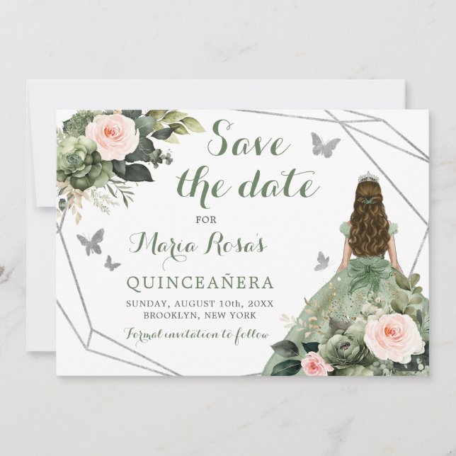 Sage Grönt  Rosa Blommigt Quinceañera Inbjudningar (Framsida)