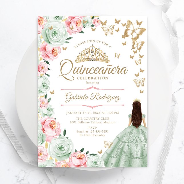 Sage Grönt Rosa Blommigt Quinceanera Inbjudningar (Skapare uppladdad)