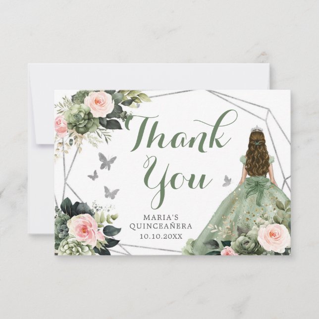 Sage Grönt  Rosa Blommigt Quinceañera Tack Kort (Framsida)