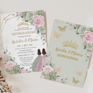 Sage Grönt Rosa Blommigt Quinceañera Twillingars B Inbjudningar