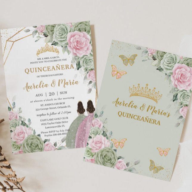 Sage Grönt Rosa Blommigt Quinceañera Twillingars B Inbjudningar (Skapare uppladdad)