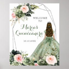 Sage Grönt  Rosa Blommigt Quinceañera Välkommen Poster
