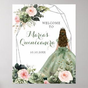 Sage Grönt Rosa Blommigt Quinceañera Välkommen Poster