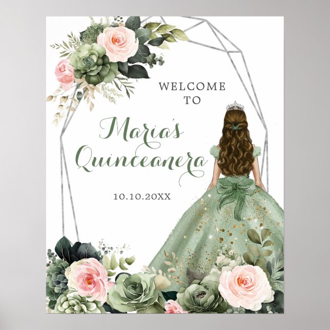 Sage Grönt  Rosa Blommigt Quinceañera Välkommen Poster (Framsidan)