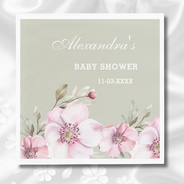 Sage Grönt  Rosa Blommigt Ro Baby Shower Pappersservett (Skapare uppladdad)