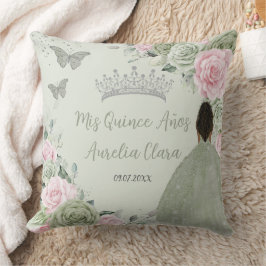 Sage Grönt Rosa Blommigt Silver Quinceañera Keepsa Kudde