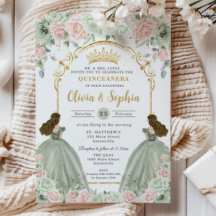 Sage Grönt  Rosa Blommigt Twillingars Quinceañera Inbjudningar