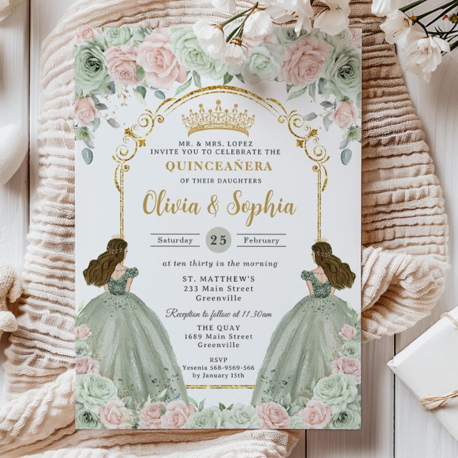 Sage Grönt  Rosa Blommigt Twillingars Quinceañera Inbjudningar (Skapare uppladdad)