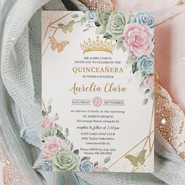 Sage Grönt Rosa Blue Blommigt Quinceañera Sweet 16 Inbjudningar (Skapare uppladdad)