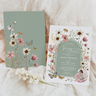 Sage Grönt Rosa Boho Fairy Wildblomma Baby Shower Inbjudningar
