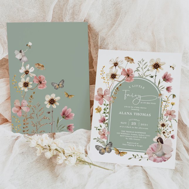 Sage Grönt Rosa Boho Fairy Wildblomma Baby Shower Inbjudningar (Skapare uppladdad)
