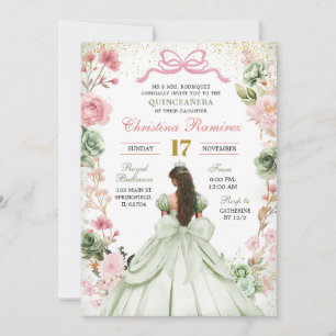 Sage Grönt Rosa Coquette Bow Princess Quinceanera Inbjudningar