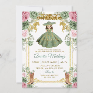 Sage Grönt Rosa Flowers Cute Girl 3rd Birday Inbjudningar