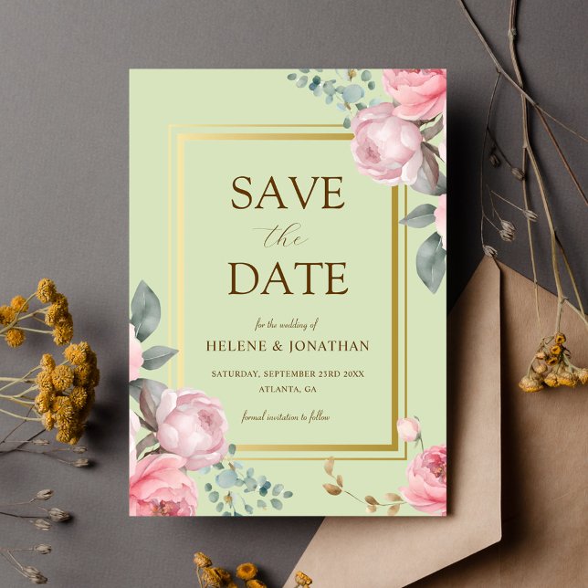 Sage Grönt Rosa Garden Elegant Blommigt Bröllop Spara Datumet (Sage Green Pink Garden Elegant Floral Wedding Save The Date)