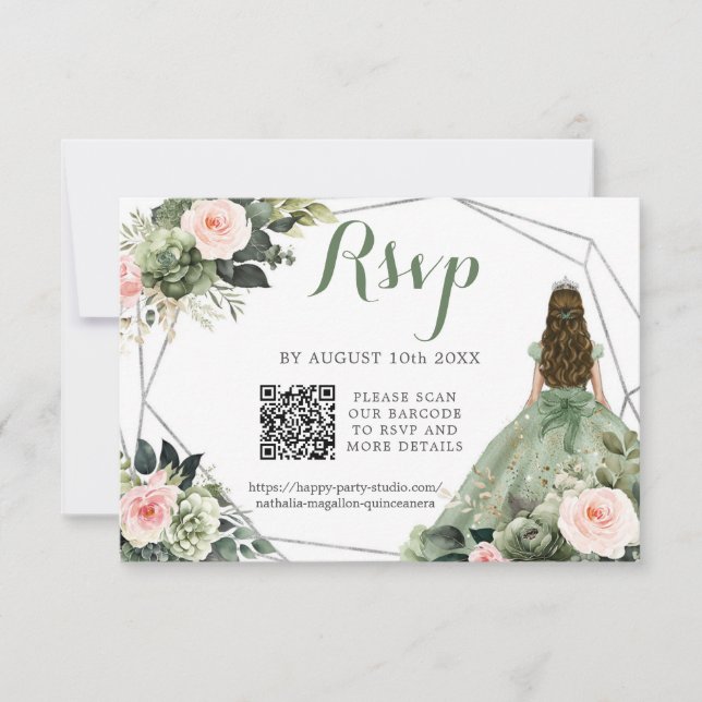 Sage Grönt  Rosa Girl XV Años QR OSA kort (Framsida)