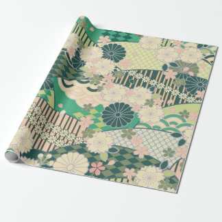 Sage Grönt Rosa Japansk Kimono Blommigt Decoupage Presentpapper