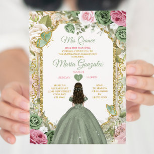 Sage Grönt Rosa Mis Quince 15 Anos Krona Butterfly Inbjudningar
