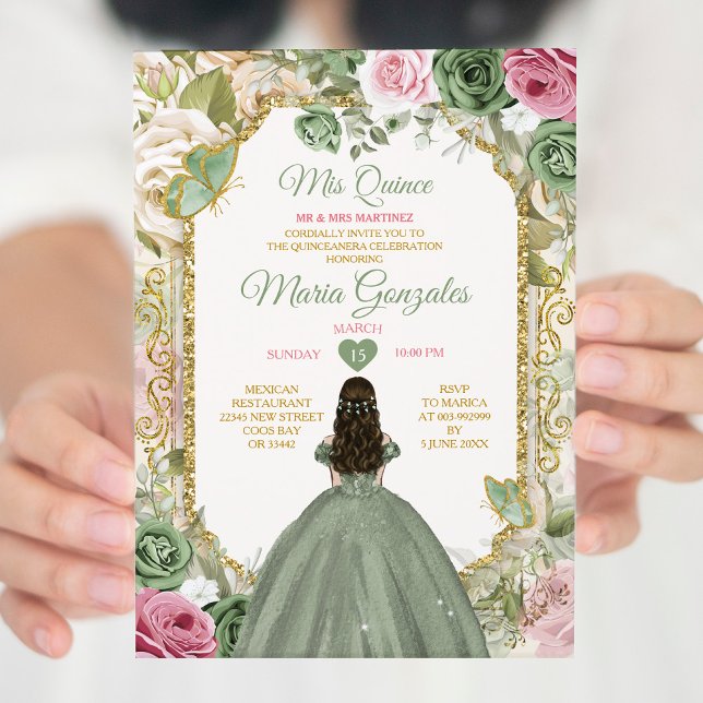 Sage Grönt Rosa Mis Quince 15 Anos Krona Butterfly Inbjudningar (Skapare uppladdad)