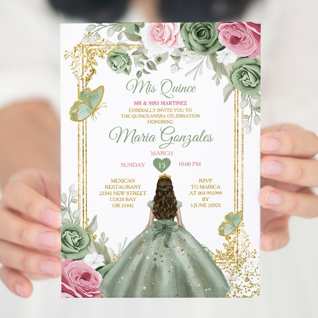 Sage Grönt Rosa Mis Quince 15 Anos Krona Inbjudningar (Skapare uppladdad)