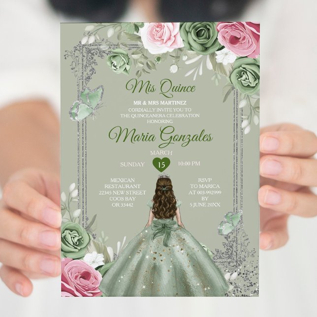 Sage Grönt Rosa Mis Quince 15 Anos Krona Inbjudningar (Skapare uppladdad)