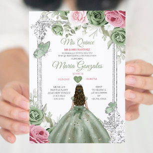 Sage Grönt Rosa Mis Quince 15 Anos Krona Inbjudningar