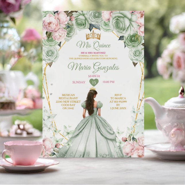 Sage Grönt Rosa Mis Quince 15 Anos Krona Inbjudningar (Skapare uppladdad)
