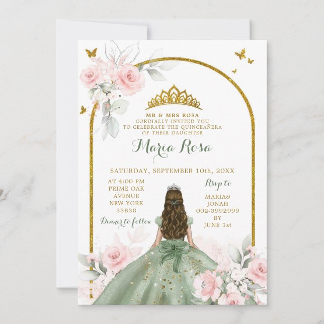 Sage Grönt  Rosa Princess Quinceañera Blommigt Inbjudningar (Framsida)