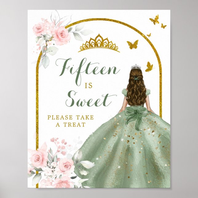 Sage Grönt  Rosa Quinceañera 15 är Sweet Poster (Framsidan)