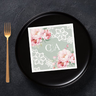 Sage grönt rosa ros blommigts monogram bröllop pappersservett
