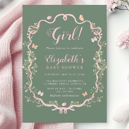 Sage Grönt & Rosa Vår Blommigt Girl Baby Shower Inbjudningar