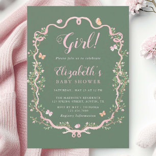 Sage Grönt & Rosa Vår Blommigt Girl Baby Shower Inbjudningar