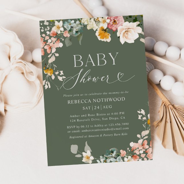 Sage Grönt Rustic Baby Shower-inbjudan Inbjudningar (Skapare uppladdad)