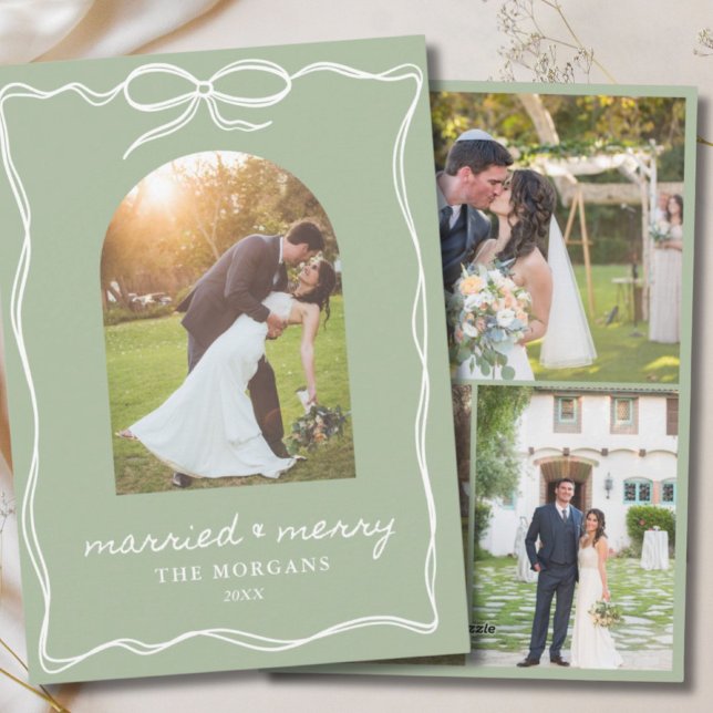 Sage Grönt Rustic Married & Merry 4 Photo Bröllop Julkort (Sage Green Rustic Married & Merry 4 Photo Wedding)