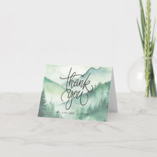 Sage Grönt Rustic Mountain Evergreen Träd skript Tack Kort