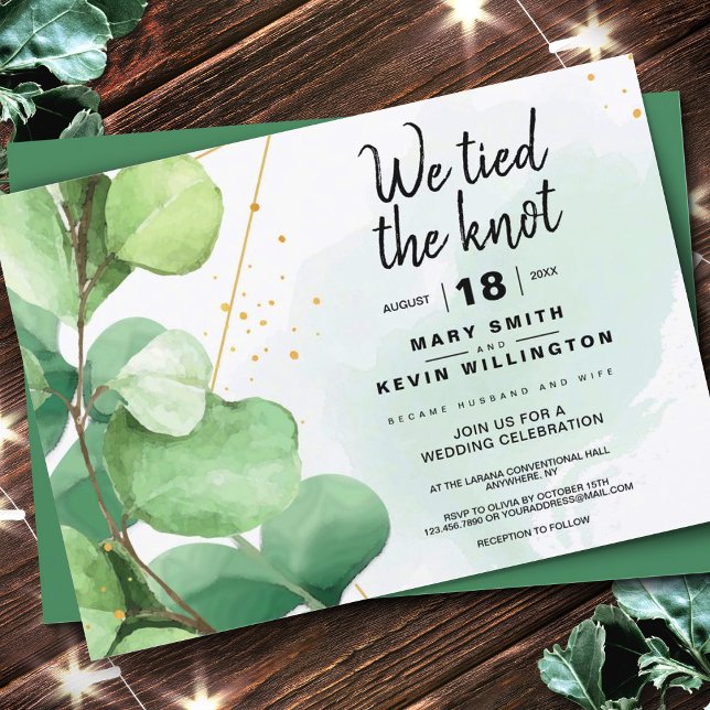 Sage grönt Rustip minimal vi band Knot bröllop Inbjudningar (Sage Green Rustic Minimal We Tied the Knot Wedding Invitation, Elopement Invitation)