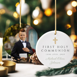 Sage Grönt Script Boy First Communion Photo Julgransprydnad Keramik