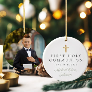 Sage Grönt Script Boy First Communion Photo Julgransprydnad Keramik