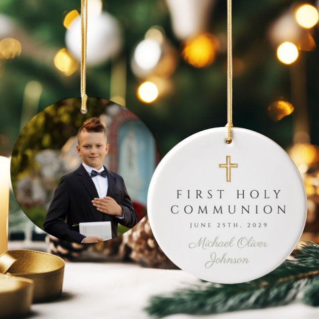 Sage Grönt Script Boy First Communion Photo Julgransprydnad Keramik (Sage Green Script Boy First Communion Photo Ceramic Ornament)