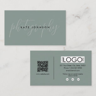 Sage Grönt Script Calligraphy Namnteckning QR-kod Visitkort