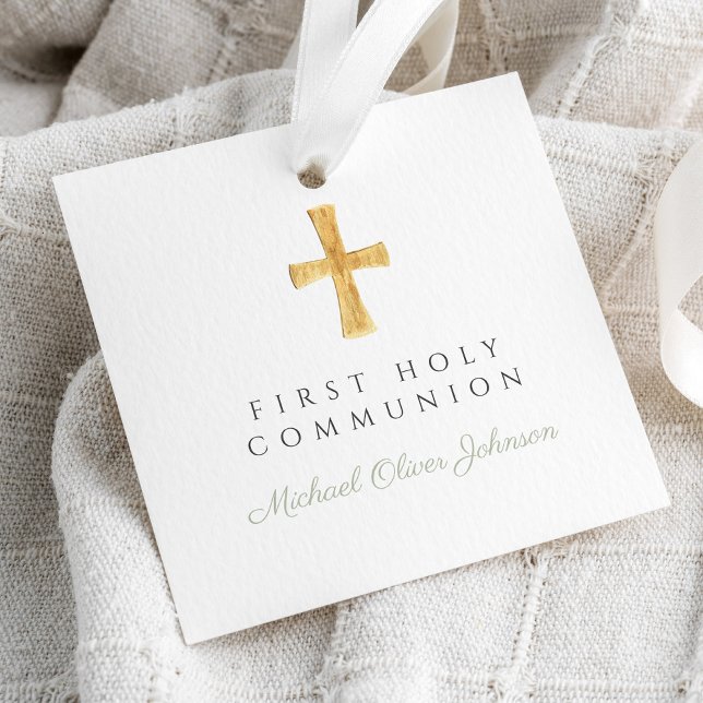 Sage Grönt Script Kor Boy First Communion Gåvor Etiketter (Sage Green Script Cross Boy First Communion Favor Tags)