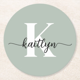 Sage Grönt Script Monogram Underlägg Papper Rund