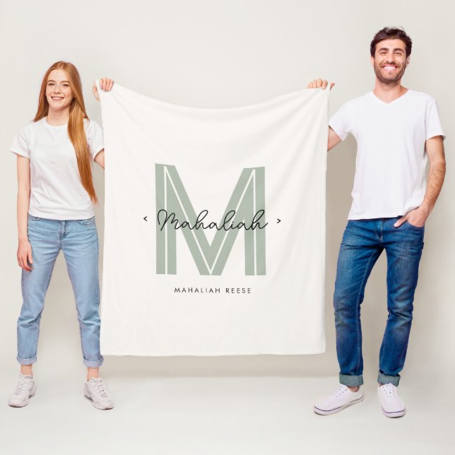 Sage Grönt Script Namn Monogram Fleecefilt (På plats)