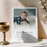 Sage Grönt Script Photo Baptism Inbjudningar<br><div class="desc">Minimalistisk baptisminbjudan in med baptism skriven i ett penselskript för grönt av blek. Lägg till namn och text i mjukt grått. Anpassa med ett foto av baby. Baksidan har en grönt och ett vitt mönster med kor.</div>